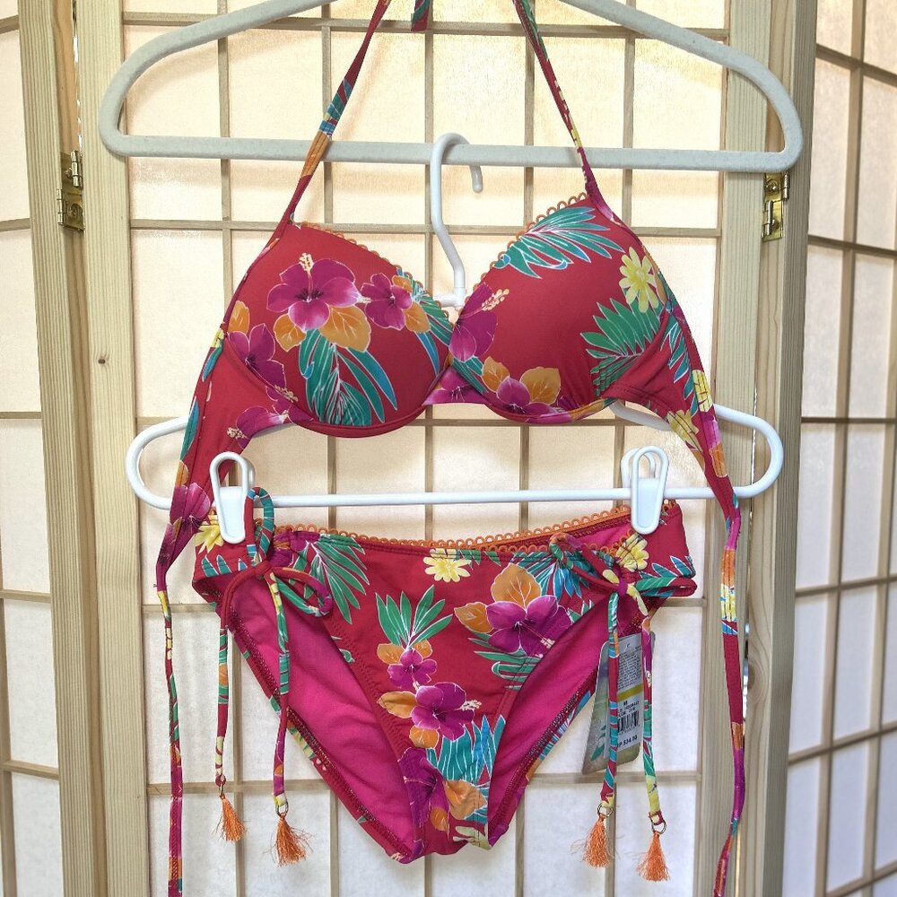 Hobie Red Hawaiian print side tie hipster bikini size M florals halter neck